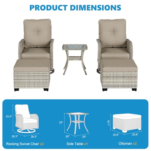 Image of 5-Piece Small Patio Furniture Set, Outdoor Swivel Rocking Chairs Set with Ottomans, Patio Bistro Set for Balcony, Deck, Porch, Khaki