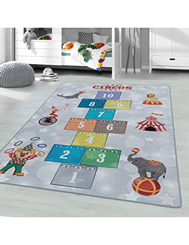 Kurzflor Kinderteppich Spielteppich Kinderzimmer Teppich Zirkus Clown Löwe Blau - Farbe Grau,...