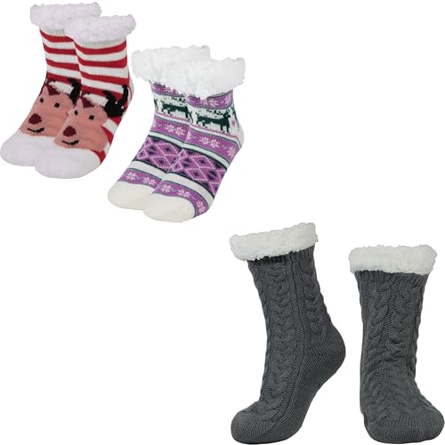 BenSorts Kids Thick Warm Slipper Socks 2 Pairs Purple Stripe Deer with 1 Pair Grey Christmas Slipper Socks