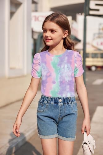Image of Arshiner Girls Puff Short Sleeve Shirts Summer Ribbed Knit Crewneck T Shirt Tops Tee Blouse