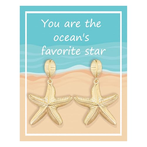 Gold Starfish Shell Drop Earrings for Women, Tropical Beach Earrings Vacation Summer Gifts, E08A