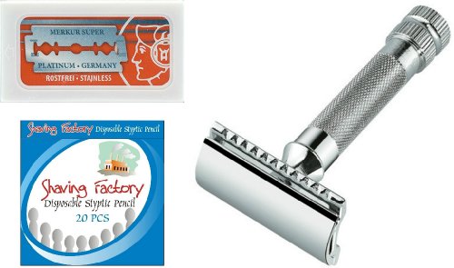 Shaving Factory Merkur 34c Double Edge Safety Razor, 10 Merkur Platinum Double Edge Razor Blades en 20 Shaving Factory Styptic Matches