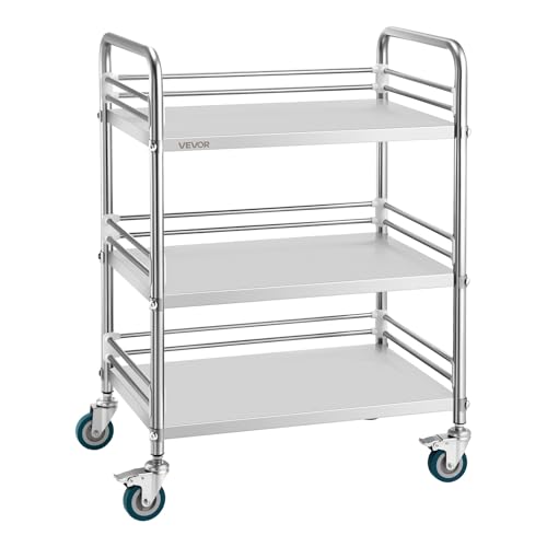 VEVOR Stainless Steel Rolling Cart, 3-Tier Metal Utility Cart with Lockable Wheels, Medical Serving Trolley Clinic Tray, Mobile Service Cart for Hospital, Lab, Restaurant, Kitchen, Salon