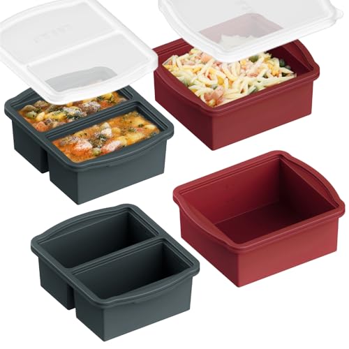 ZIP STANDING Silicone Freezer Trays with Lids, Set of 4 - with 1cup and 2 cup Silicone Freezer Molds for freezing soups, sauces and individual microwave safe