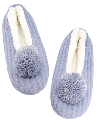 Panda Bros Womens Slipper Socks With Pom Pom Plush Lined Cozy Soft Non Slip House Slippers(Blue, 8-10)