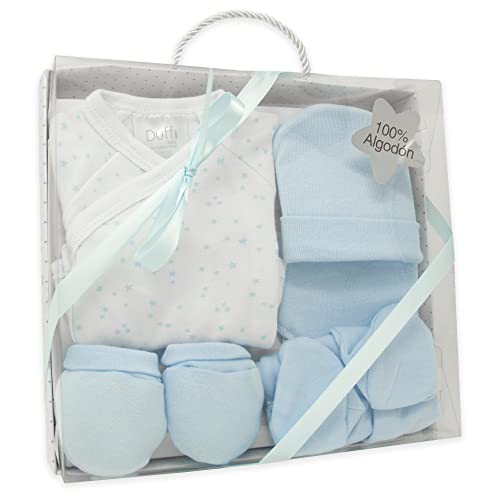 Duffi Baby Conjunto Primera Puesta Bebe Chaquetita Polaina Gorro Babero Manoplas. Set Primera Puesta Bebe Recien Nacido 5 Piezas. Set Regalo Bebe Suave. 100% Algodon Modelo 0984-12 Color Azul