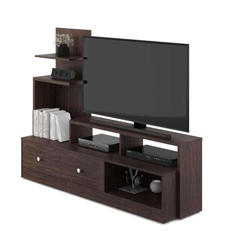 Image of Olly TV Unit | Engineered Wood | Choco Walnut Finish | Including Storage Drawers & Shelves | Modern TV Stand for Home | Knock Down Assembly | 36 Months Warranty