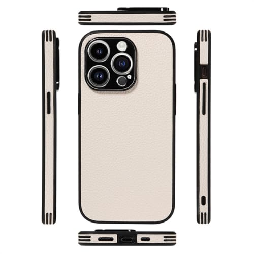 Coque luxe en cuir litchi pour iPhone 13 avec protection d'objectif en métal blanche