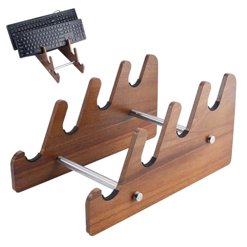 DICOSMETIC Keyboard Display Stand Mechanical Keyboard Holder Keyboards Storage Shelf Natural Acacia Wood 4 Slot Detachable 30x16.7x15cm (11.81x6.57x5.91 Inch) for Keyboards Tablet Small Devices