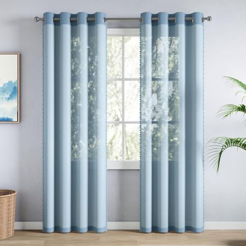 Image of haus & kinder Sheer Door Curtains 7 Feet Long Pack of 2 Door Curtains, 7 Feet Curtains for Door, Light-Filtering & Breathable (Luma Light Blue, 114x213cm)