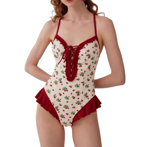 Women's Strawberry Print One Piece Beach Swimsuit with Cross-Back & Lace Trim,Tummy Control V Neck Bathing Suits
