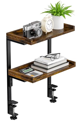 THYGIFTREE Clamp On Desk Shelf 2-Tier, Wood Shelving Unit for Office Gaming Accessories Tabletop Book Storage Rack