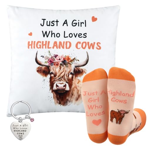 Namalu 3 Pcs Highland Cow Gift Set for Women 17.72" Pillowcase Cotton Socks UK 3-8 Lover Keychains Just a Girl Who Loves Gifts for Animal Birthday Party Supplies