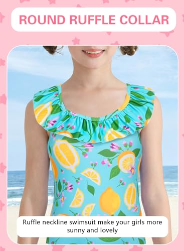 Image of XiaoMoSha Girls Swimsuits Ruffled Round Neck One Piece Bathing Suits Quick Dry UPF 50+ Summer Hawaii Swimwear for Kids 3-10T