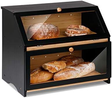 HOMEKOKO Double Layer Large Bread Box for Kitchen Counter, Wooden Large Capacity Bread Storage Bin (Black)
