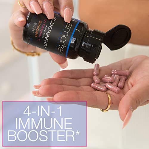 Smarter Elderberry Capsules + Vitamin C + Ginger & Zinc, Herbal Supplement For Immune Support, Powerful Black Elder Berry Extract Antioxidant Vitamin, 60 Vegan Pills #TOP1