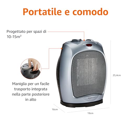 Amazon Basics Termoventilatore oscillante in ceramica da 1800 Watt con termostato regolabile - Argento - Immagine 2