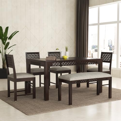 Image of Sheesham Wood 4 Chair with 1 Bench Dining Table Set with Cushioned Chairs for Dining Room | Living Room | Home & Office | t (6 Seater with Bench, Walnut A)