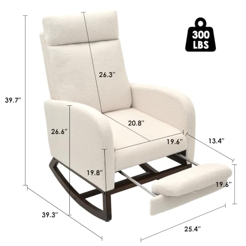 Image of Teddy Nursery Rocking Chair, High Back Glider with Footrest, Beige | Teddy Rocking Chair Nursery with Footrest Storage Pocket Upholstered Accent Arm Chair for Living Room Bedroom Indoor