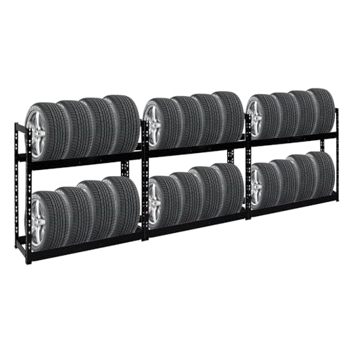 PROREGAL Mega Deal 3X Étagère à pneus Tiger | HxLxP 100x110x35cm | Charge Max. 150kg | Jusqu'à 24 pneus | 2 Niveaux | Noir | Porte-Pneu, Rack à pneus, rayonnage, Stockage, Rangement, Support, Atelier
