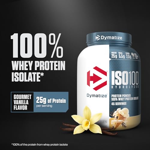 Image of Dymatize ISO100 Protein Powder, 100% Whey Isolate, Gourmet Vanilla | 25g Protein, Hydrolyzed, Fast-Absorbing, Supports Muscle Health, 5.5g BCAAs, Gluten-Free, 45 Servings, 3 lb