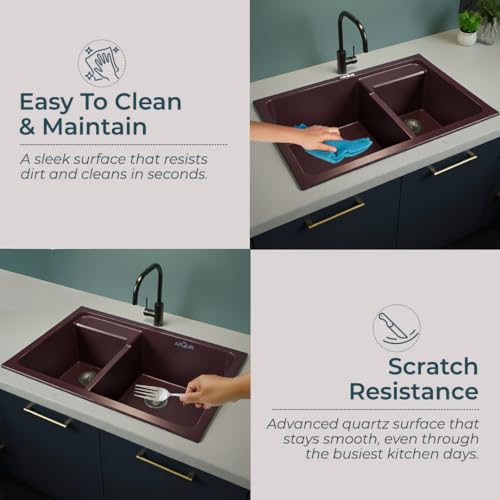 Image of ARQUIN Double Bowl Quartz Kitchen Sink 31x18x9 Inch Sand Pluto Granite sink, UV Protected, Undermount /Topmount Noise Reducing Quartz Sink for Kitchen Basin