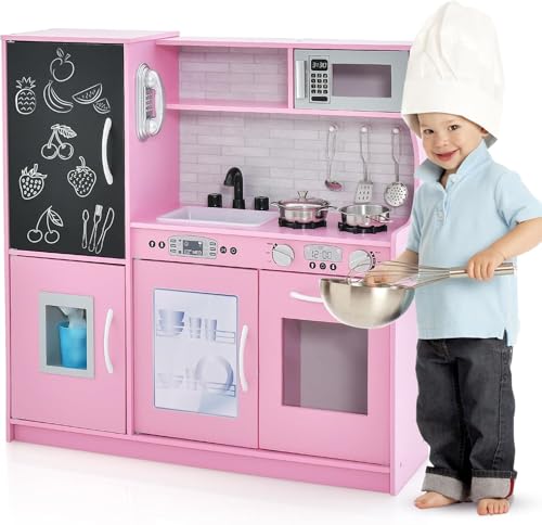 GYMAX Cucina Giocattolo per Bambini, Cucina Gioco in Legno Bambina con Lavagna, Forno, Vaschetta per l'Acqua e Fabbricatore di Ghiaccio, con Effetti Sonori per Bambini 3 Anni + (Rosa)
