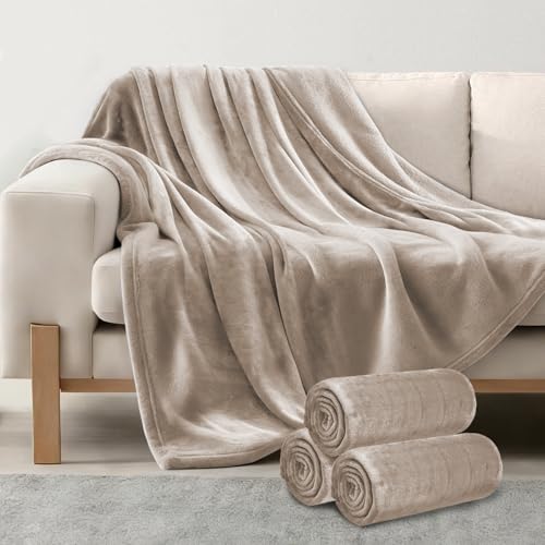 NovaSunrise 3-Pack Fleece Throw Blankets 50x60, 300GSM Soft Flannel Plush Blanket, Lightweight Warm Couch Sofa Bed Blankets, No Shedding All Season (Camel)