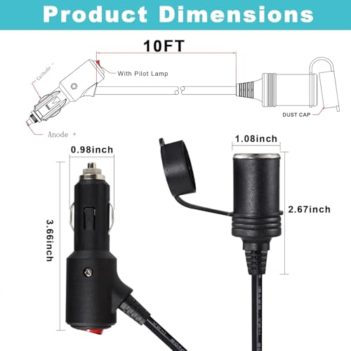 Image of RIGGEAR Car Cigarette Lighter Extension Cable, 3m /10ft Long Lighter Extender Cord with Switch, LED Indicator and Dust Cap for Tyre Inflator /Accessories, Heavy Duty Extension Cable, 15A Fuse