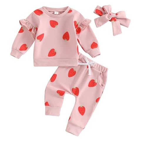 Afunbaby Baby Girl Fall Clothes Long Sleeve Floral Shirt Crewneck Sweatshirt Top Pocket Pants Winter Outfit Clothing Set (Pink strawberry, 0-6 Months) Cover