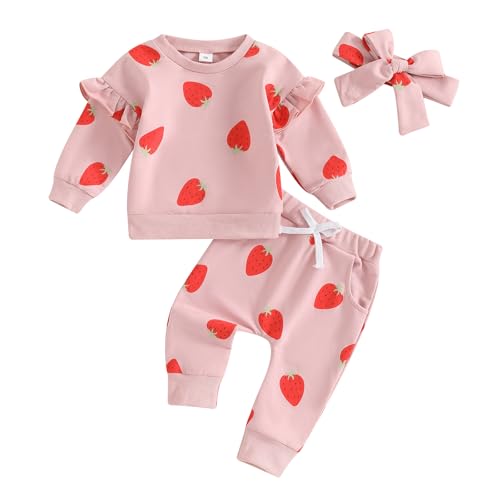 Toddler Baby Girl Fall Winter Clothes Strawberry Ruffle Long Sleeve Sweatshirt Tops Pants Set Headband 3Pcs Outfit