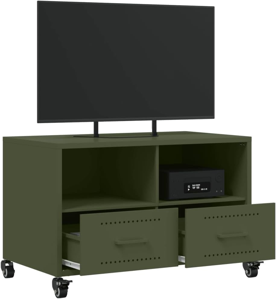 vidaXL Olive Green Metal TV Cabinet with both drawers pulled open, revealing the interior storage space.