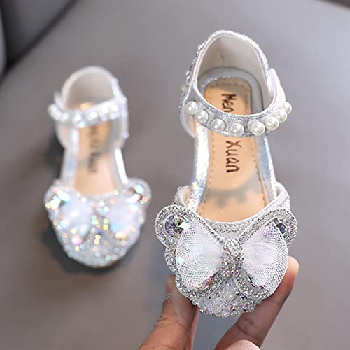 Girls White Dress Shoes Fashion Spring and Summer Girls Sandals Dress Performance Dance Shoes Mesh Rhinestone Bow Hook (Silver-2, 11.5 Little Child)2