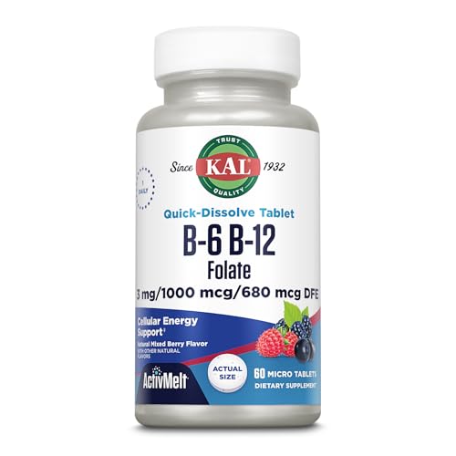 KAL Vitamin B-6, B-12 & Folic Acid Supplement, Heart Health, Energy & Red Blood Cell Support*, with Vitamin B12 Methylcobalamin & Folate, Natural Berry Flavor, 60 Servings, 60 ActivMelt Micro Tablets
