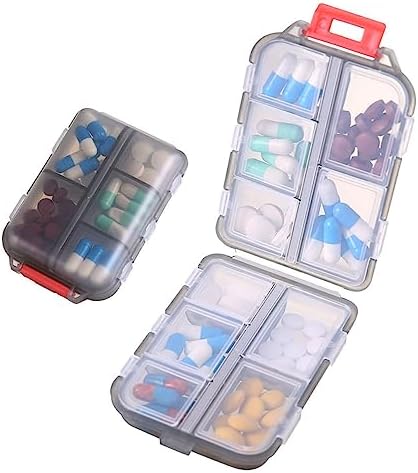 10 compartments Small Folding Medicine Box Pocket Pharmacy Daily Pill Container Medicine, Travel Pill Case with Lock Pill Holder Medicine Organizer for Store Vitamin Fish Oil/Supplements (Gray)