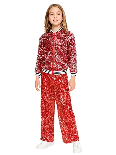 Survêtement de Danse Hip-hop Pailletté Rouge Enfant 5-6 Ans Jogger et Veste