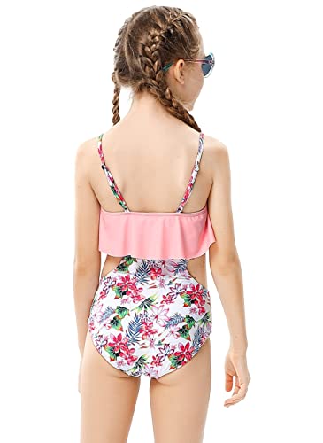 Kukume Girls One Piece Swimsuit Ring Linked Cute Swimwear Adjustable Strap Floral Beach Bathing Suit 9-10 Years Pink #TOP3