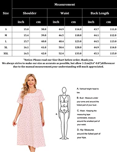 Bloggerlove Women's Night Soft Cotton Sleepwear Floral House Short Sleeve Comfy Dress, Short-Pat2-Pink Flowers On White, Medium #TOP4