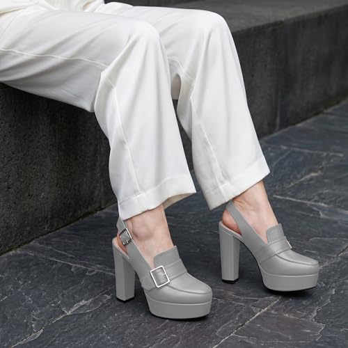 Image of Women's High Heel Loafers Platform Pumps Round Toe Heels Chunky Heel Pumps Stylish Comfortable 4.8 Inch Slingback Heels