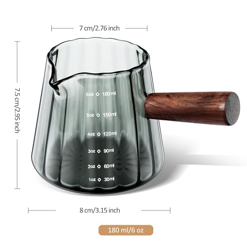 Image of Joeyan 6 oz Grey Glass Measuring Cups with Spout,Borosilicate Glass Triple Pitcher with Scale,Origami Style Espresso Shot Glasses with Wood Handle for Coffee Milk,Dishwasher Safe