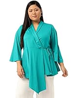 theRebelinme Plus Size Women's Turquoise Blue Solid Color Asymmetric Wrap Top(XL)