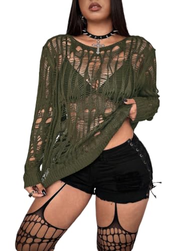 Image of RoseSeek Women's Plus Size Y2K Cut Out Long Sleeve Punk Grunge Knit Sweater
