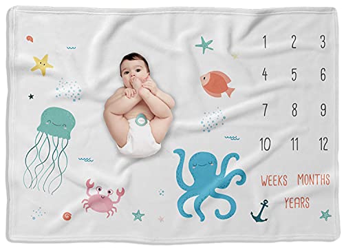 Image of Virine Baby Monthly Milestone Blanket Boy, Girl, Unisex | Baby Age Blanket | Baby Growth Chart Blanket | Baby Milestone Blanket Boys 60"x40" | Month Blanket for Baby Boy | Baby Boy Milestone Blankets