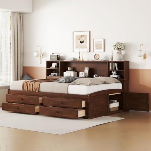 JIJIWANG Full Size Wooden Captain Bed with Built-in Storage Shelves, 4 Drawers and 2 Cabinets,Full Size Bed Frame with Drawers, Antique Brown