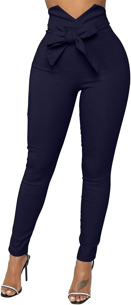 XXTAXN Women's Casual High Waist Stretch Trousers Solid Pencil Pants with Tie