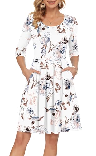 AUSELILY Women's Sun Dress Pleated Loose Swing 3/4 Sleeve Dresses with Pockets, White Floral XL