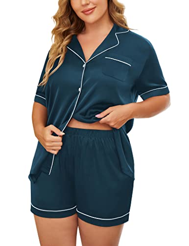 IN'VOLAND Women’s Plus Size Pajama Set Short Sleeve Sleepwear Satin Nightwear Loungewear Sets with Pocket