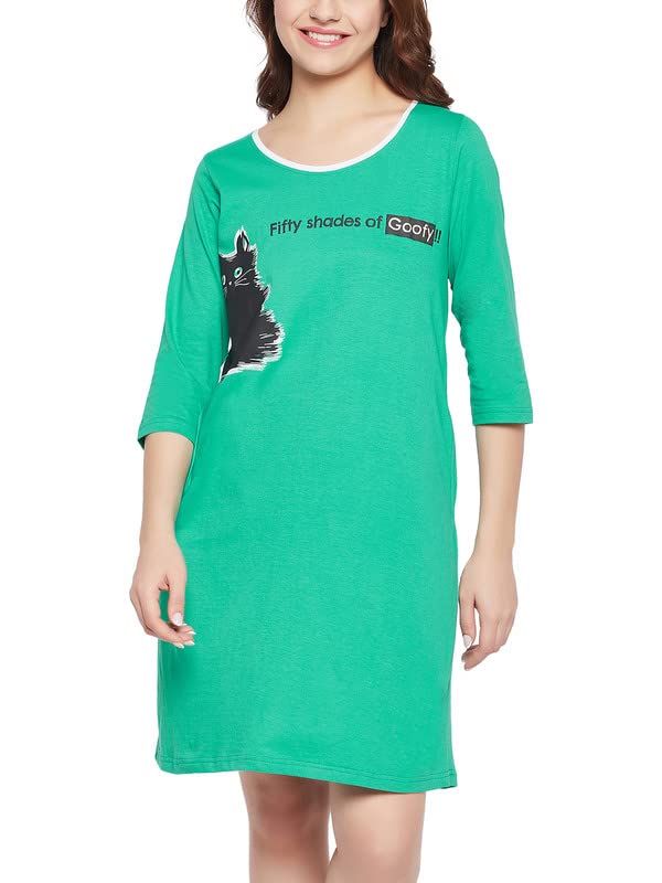 Clovia Camisón corto de algodón con estampado gráfico para mujer, Verde_2, S