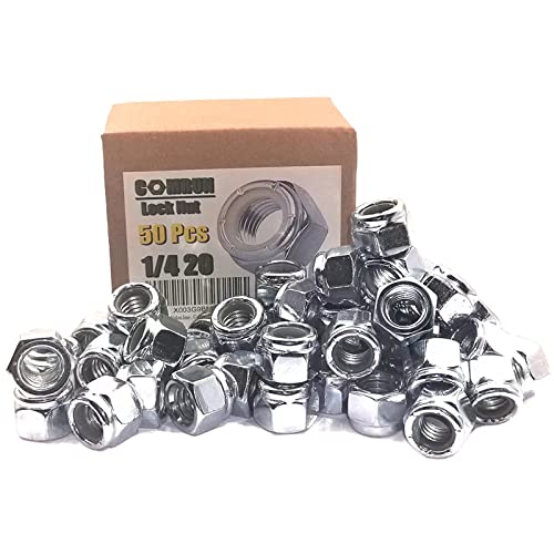 50Pcs 1/4-20 Nylon Insert Lock Nuts Hex Lock Nuts Carbon Steel Galvanized Finish Comrun #TOP26