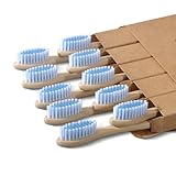 Bamboo Toothbrushes 10 Count - BPA Free Medium Bristles, Compostable Natural Wooden Toothbrushes, Without Plastic, Eco-Conscious Packaging for Adults (White and Blue, Moderate Length)